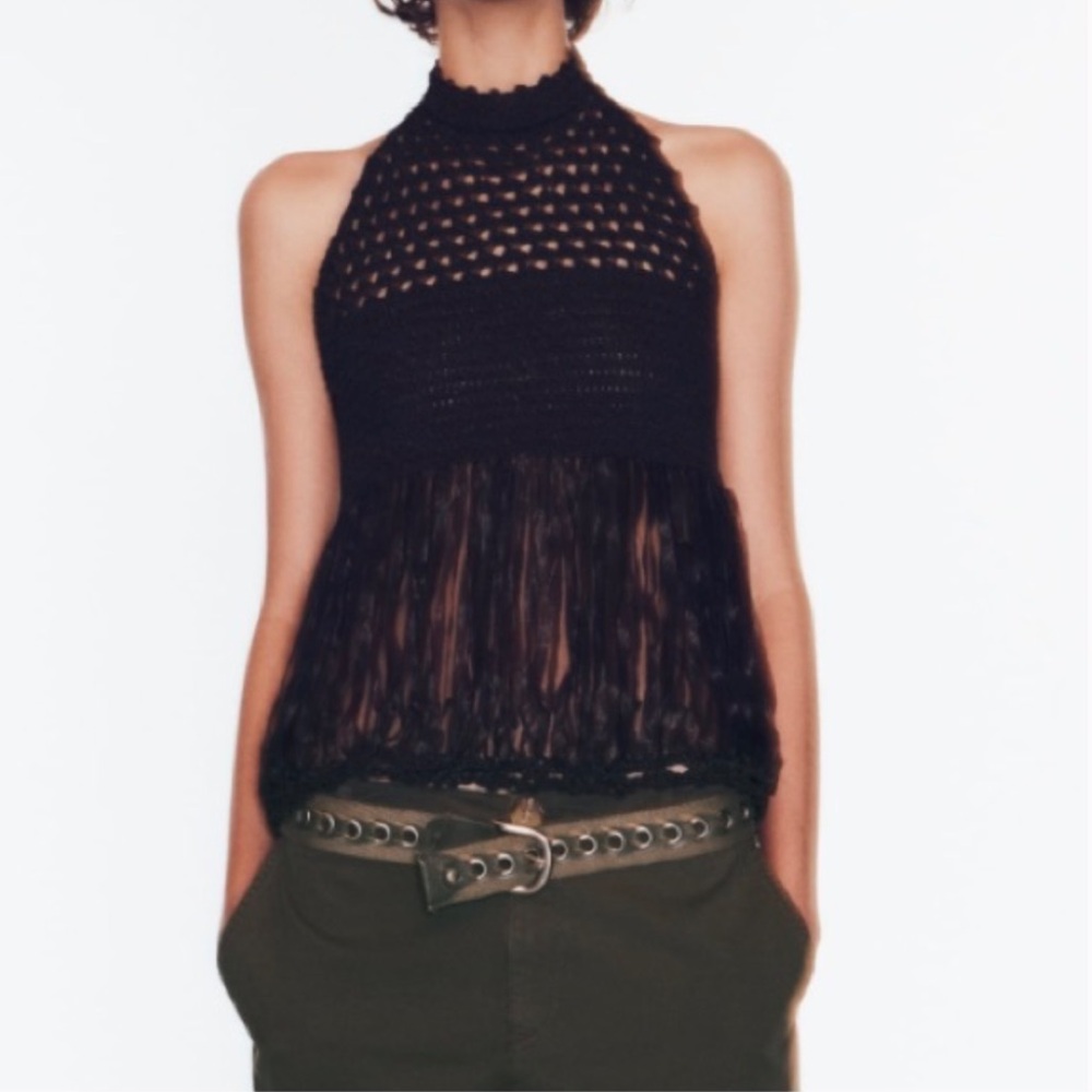 NWT ZARA CROCHETED KNIT COMBINATION HALTER TOP - SMALL - REF. 0021/027